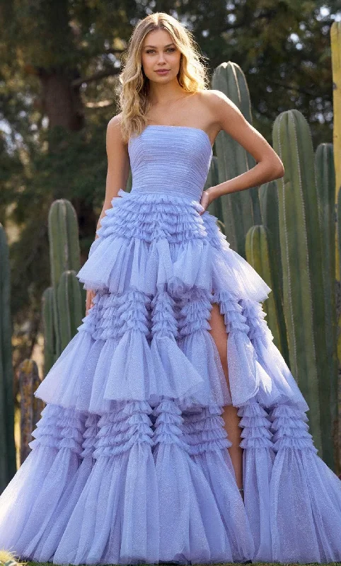 "Off - shoulder dresses for women to show off collarbones"Sherri Hill 55677 - Tiered Prom Dress with Slit