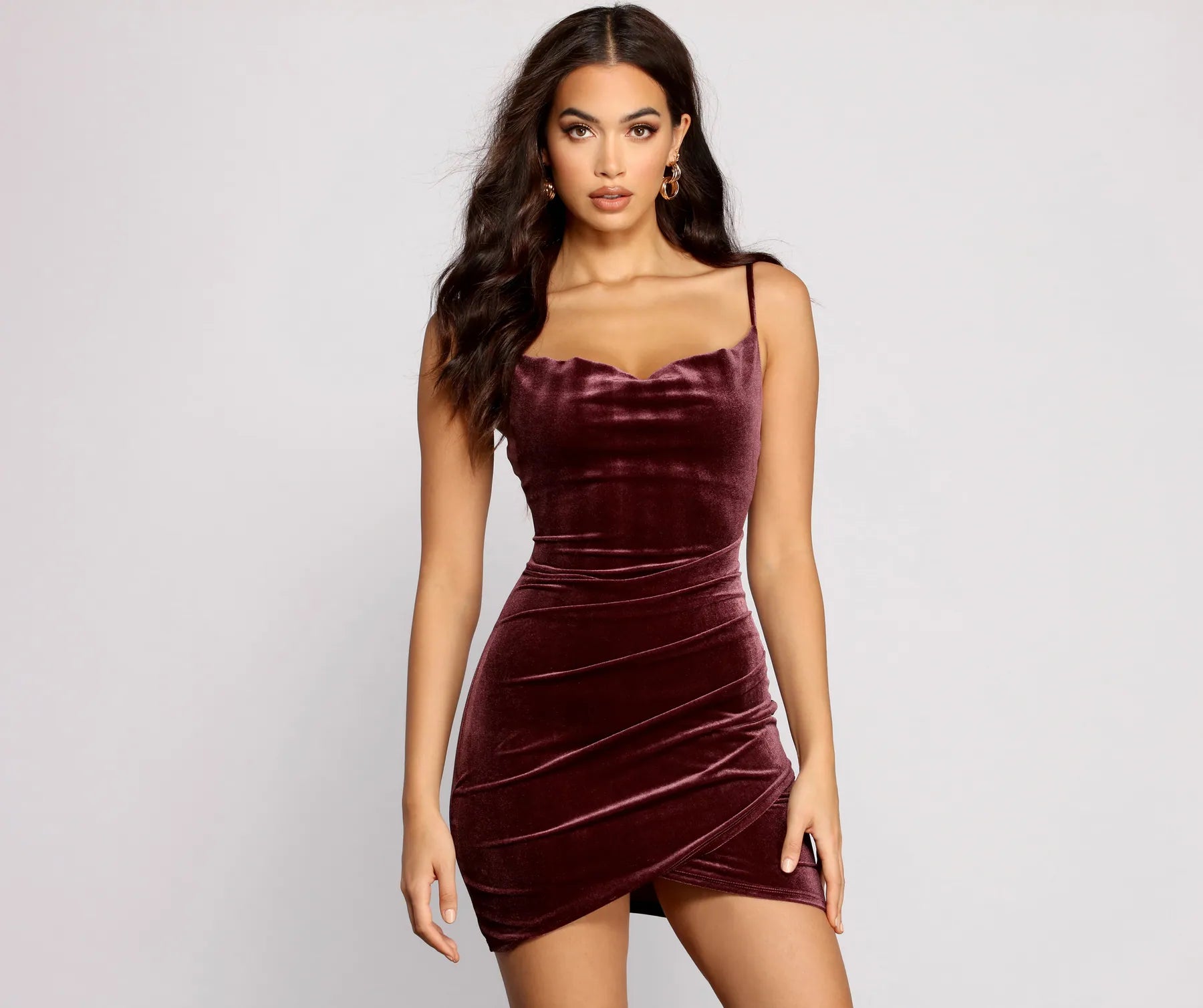 "Trendy casual dresses for women to wear at the beach"So Lovely Velvet Cowl Neck Asymmetrical Mini Dress "Trendy casual dresses for women to wear at the beach"So Lovely Velvet Cowl Neck Asymmetrical Mini Dress