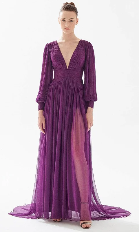 "Off - shoulder dresses for women to show off collarbones"Tarik Ediz 98229 - Bishop Sleeve Pleated Evening Gown