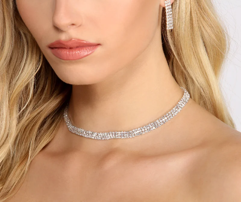 "Sustainable and eco - friendly women's dresses"Triple Row Rhinestone Choker and Duster Set "Sustainable and eco - friendly women's dresses"Triple Row Rhinestone Choker and Duster Set
