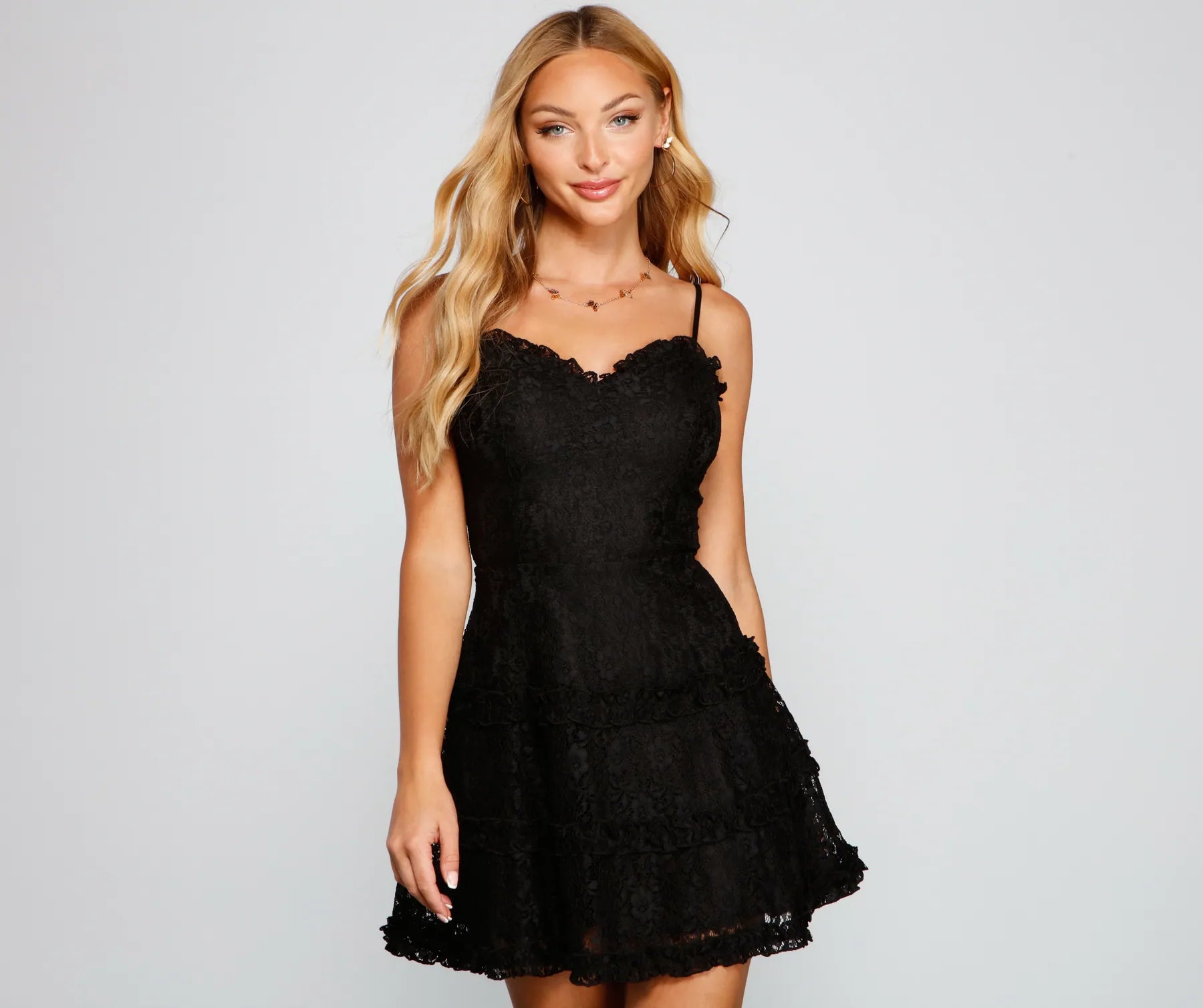 "Sleeveless dresses for women during hot summer days"All About That Lace Ruffled Mini Dress "Sleeveless dresses for women during hot summer days"All About That Lace Ruffled Mini Dress