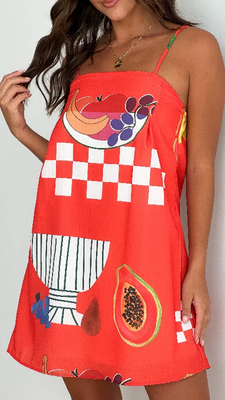 "Trendy casual dresses for women to wear at the beach"Bethani Mini Dress - Red Papaya Print "Trendy casual dresses for women to wear at the beach"Bethani Mini Dress - Red Papaya Print