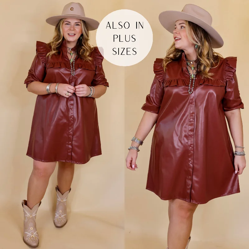 "Denim dresses for women for a casual and cool style"Beyond The City Button Up Faux Leather Dress with Ruffle Detailing in Brown "Denim dresses for women for a casual and cool style"Beyond The City Button Up Faux Leather Dress with Ruffle Detailing in Brown