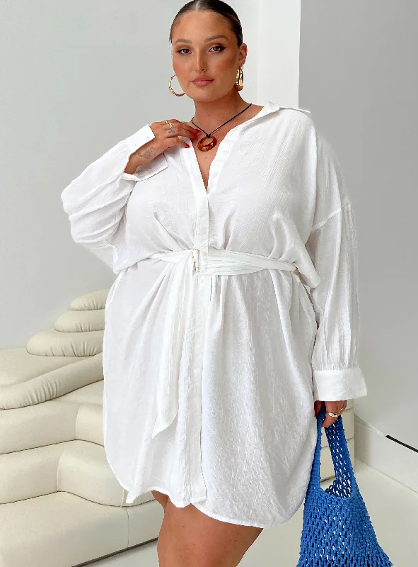 "Satin dresses for women for a luxurious appearance"Bilari Textured Fabric Shirt Dress White Curve "Satin dresses for women for a luxurious appearance"Bilari Textured Fabric Shirt Dress White Curve