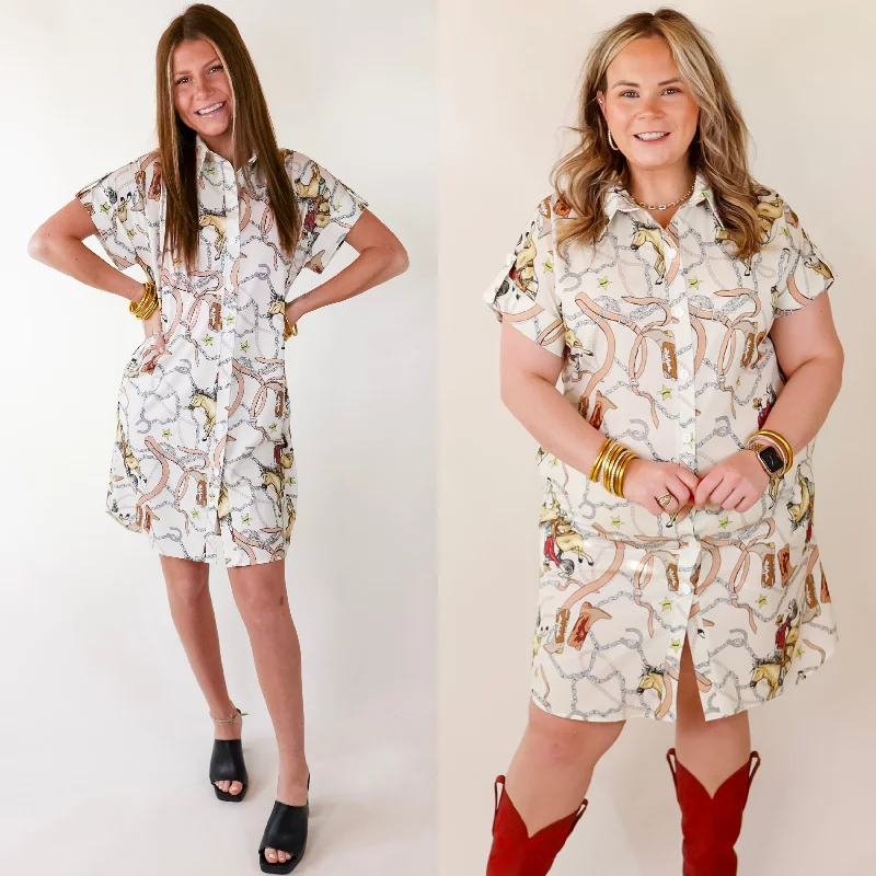 "Petite women's dresses with flattering fits"The Cowgirl Way Button Up Cowboy Print Dress in Cream "Petite women's dresses with flattering fits"The Cowgirl Way Button Up Cowboy Print Dress in Cream