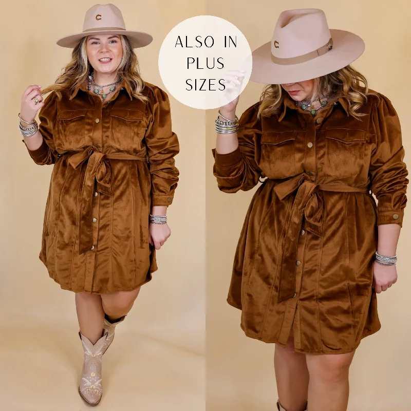 "Bohemian - style women's dresses for music festivals"Free And Flirty Suede Button Up Dress with Waist Tie in Brown "Bohemian - style women's dresses for music festivals"Free And Flirty Suede Button Up Dress with Waist Tie in Brown