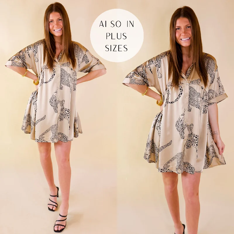 "Mother of the groom dresses for women in sophisticated designs"Last Chance Size Small & XL | Ready To Flaunt Button Up Leopard Print Satin Babydoll Dress in Beige "Mother of the groom dresses for women in sophisticated designs"Last Chance Size Small & XL | Ready To Flaunt Button Up Leopard Print Satin Babydoll Dress in Beige