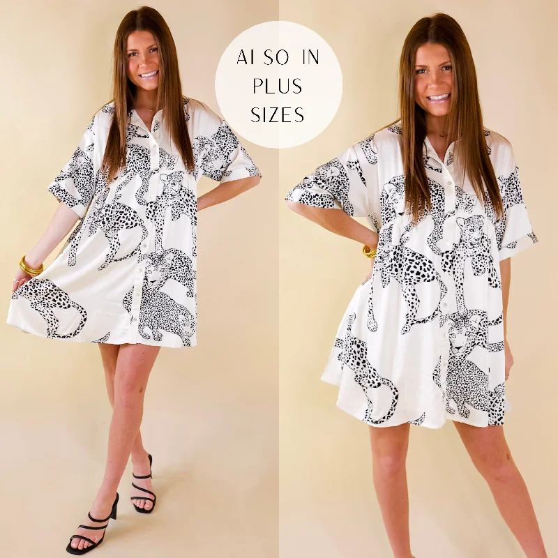 "Limited - Time Offer: Up to 50% Off on Women's Dresses!"Ready To Flaunt Button Up Leopard Print Satin Babydoll Dress in Ivory "Limited - Time Offer: Up to 50% Off on Women's Dresses!"Ready To Flaunt Button Up Leopard Print Satin Babydoll Dress in Ivory