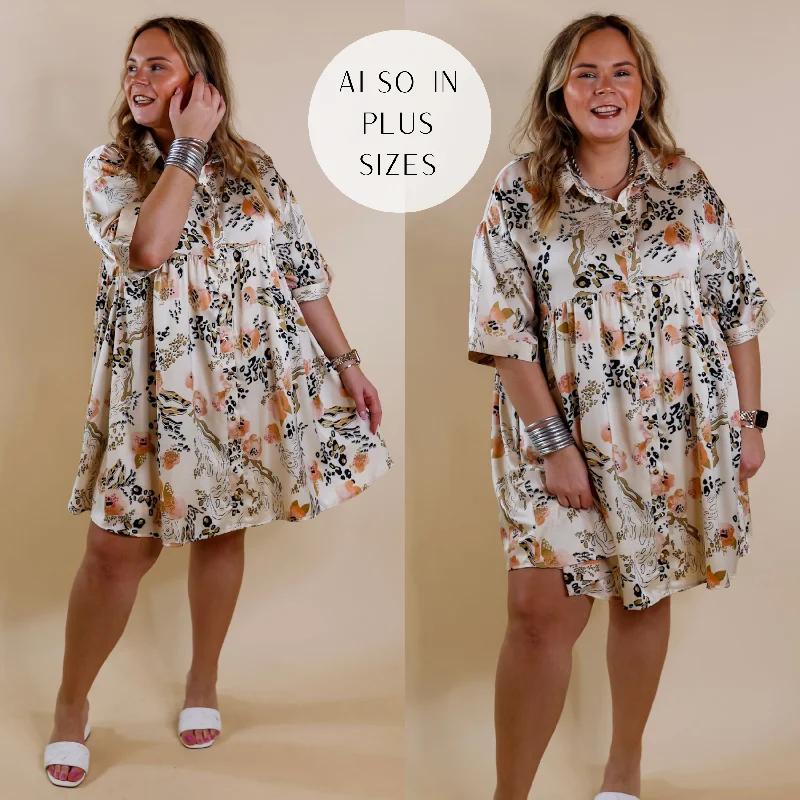 "Trendy casual dresses for women to wear at the beach"Last Chance Size Small | Ready To Flaunt Button Up Mix Print Satin Babydoll Dress in Ivory "Trendy casual dresses for women to wear at the beach"Last Chance Size Small | Ready To Flaunt Button Up Mix Print Satin Babydoll Dress in Ivory