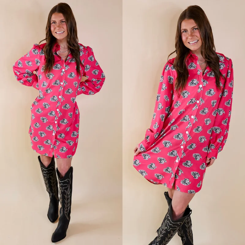 "Boho wedding dresses for women for a free - spirited vibe"The Cowgirl Way Button Up Cow Print Cowboy Hat Dress in Hot Pink "Boho wedding dresses for women for a free - spirited vibe"The Cowgirl Way Button Up Cow Print Cowboy Hat Dress in Hot Pink