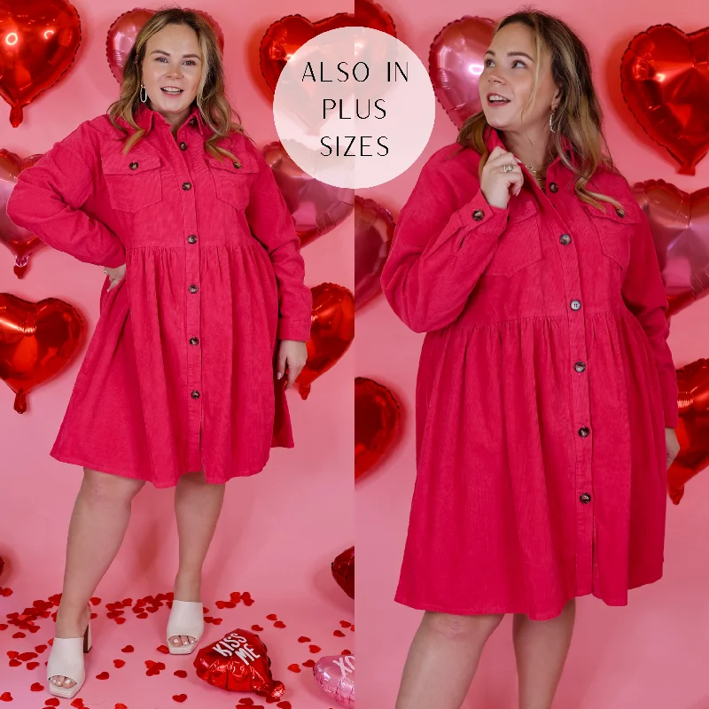 "T - shirt dresses for women for ultimate comfort"Over The Edge Corduroy Button Up Babydoll Dress in Hot Pink "T - shirt dresses for women for ultimate comfort"Over The Edge Corduroy Button Up Babydoll Dress in Hot Pink
