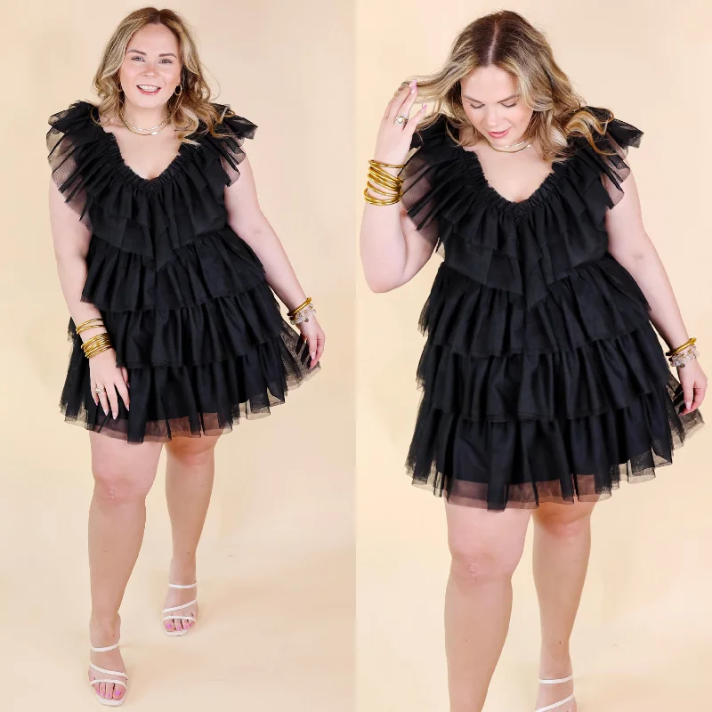 "Plus size formal dresses for women for special events"Dazzle The Room Tulle Tiered Dress in Black "Plus size formal dresses for women for special events"Dazzle The Room Tulle Tiered Dress in Black