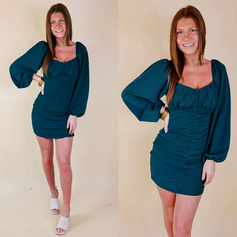 "Sustainable and eco - friendly women's dresses"Take A Photo Ruched Dress with Long Sleeves in Dark Teal "Sustainable and eco - friendly women's dresses"Take A Photo Ruched Dress with Long Sleeves in Dark Teal
