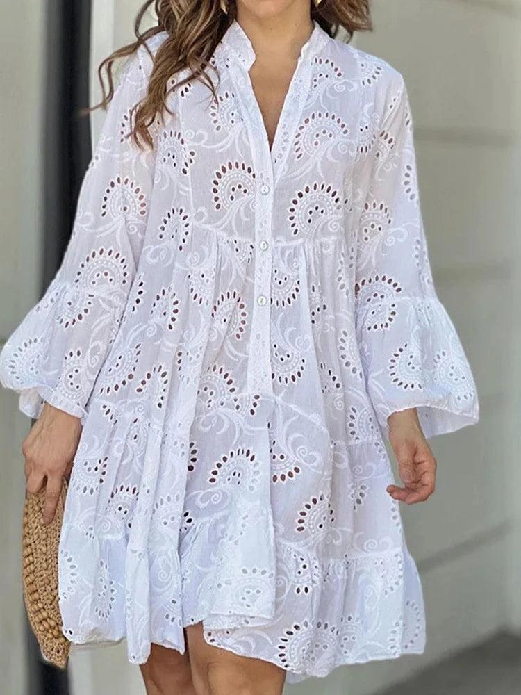 "Affordable plus size women's summer dresses"FashionSierra - Embroidery Lace Hollow Out Long Sleeve Mini Dress