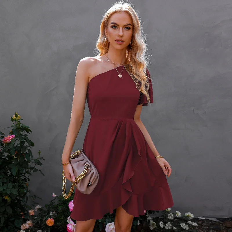 "Plus size wedding dresses for women with a perfect fit"Kaine Satin One Shoulder Ruffle Dress - Red - FINAL SALE "Plus size wedding dresses for women with a perfect fit"Kaine Satin One Shoulder Ruffle Dress - Red - FINAL SALE