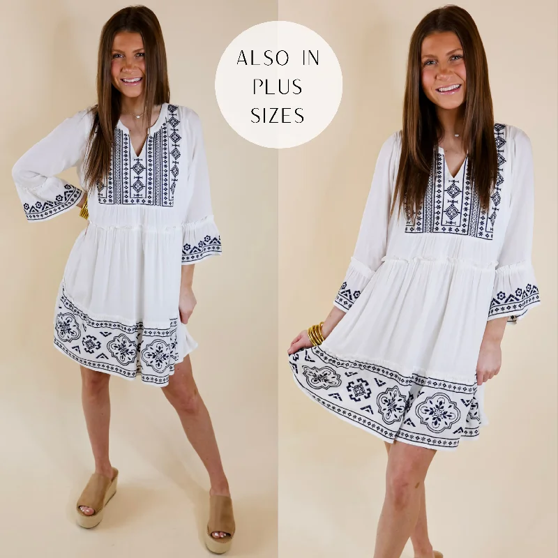 "Designer - inspired women's evening dresses"Peaceful And Pretty Navy Embroidered Dress with Notched Neckline in White "Designer - inspired women's evening dresses"Peaceful And Pretty Navy Embroidered Dress with Notched Neckline in White
