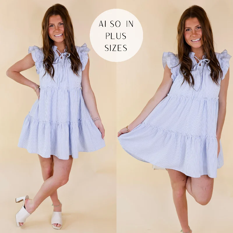 "Long sleeve dresses for women in cold weather"Last Chance Size 1XL & 2XL | Beachfront Bliss Pin Stripe Dress with Keyhole and Tie Neck in Light Blue "Long sleeve dresses for women in cold weather"Last Chance Size 1XL & 2XL | Beachfront Bliss Pin Stripe Dress with Keyhole and Tie Neck in Light Blue