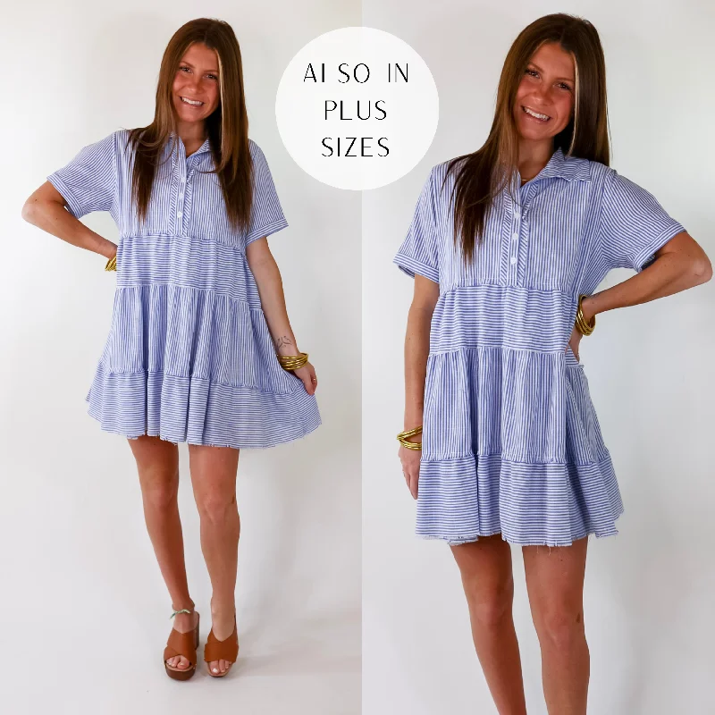 "Stylish cocktail dresses for women on a budget"Casual Greetings Collared Pinstripe Dress in Blue and White "Stylish cocktail dresses for women on a budget"Casual Greetings Collared Pinstripe Dress in Blue and White