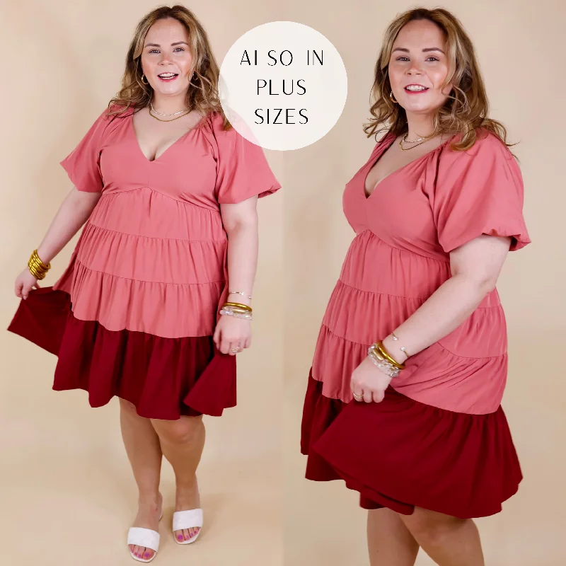 Clearance Sale: Women's Dresses Trendy City Puff Sleeve Tiered Dress with Pink Hemline in Rose Pink Clearance Sale: Women's Dresses Trendy City Puff Sleeve Tiered Dress with Pink Hemline in Rose Pink