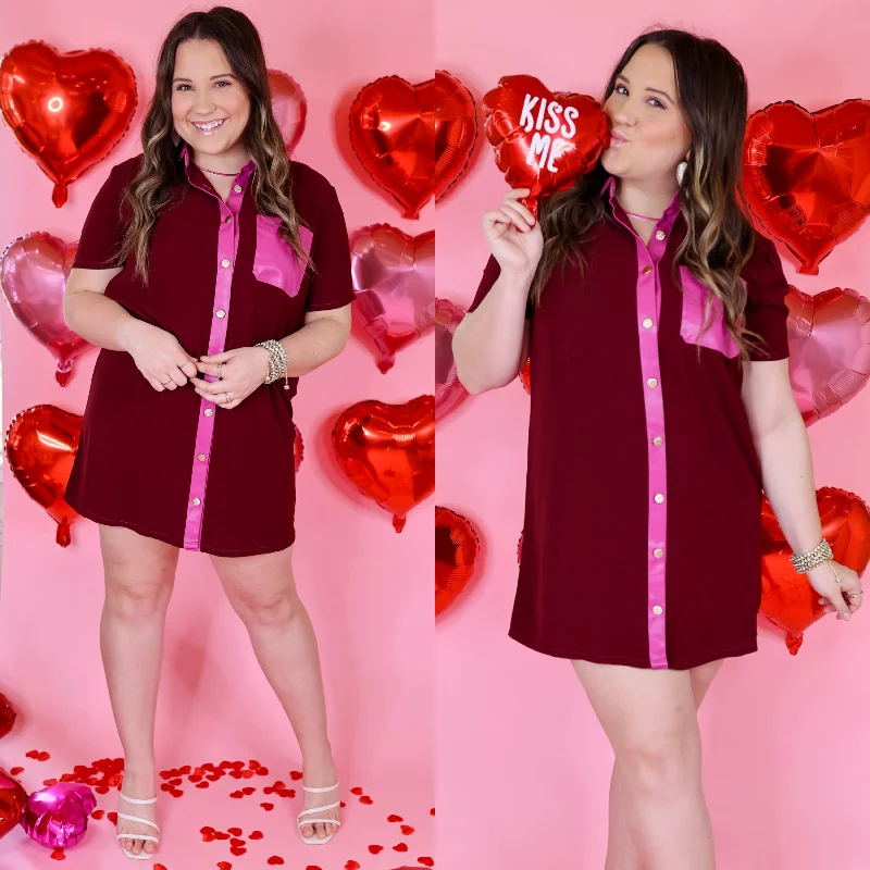 "Striped dresses for women with a classic touch"Put Your Records On Button Up Faux Leather Trim Dress in Maroon "Striped dresses for women with a classic touch"Put Your Records On Button Up Faux Leather Trim Dress in Maroon