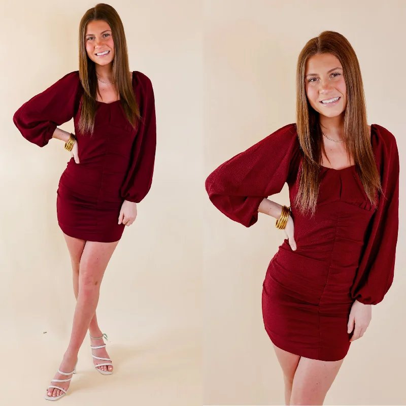 "Work - appropriate dresses for professional women"Take A Photo Ruched Dress with Long Sleeves in Maroon "Work - appropriate dresses for professional women"Take A Photo Ruched Dress with Long Sleeves in Maroon