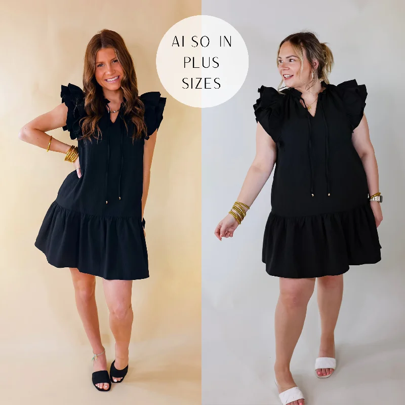 "Midi dresses for women with unique patterns"Powerful Love Ruffle Cap Sleeve Dress with Keyhole and Tie Neckline in Black "Midi dresses for women with unique patterns"Powerful Love Ruffle Cap Sleeve Dress with Keyhole and Tie Neckline in Black