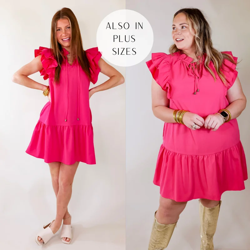 "New Arrivals Discount: 20% Off on Latest Women's Dress Collections"Powerful Love Ruffle Cap Sleeve Dress with Keyhole and Tie Neckline in Hot Pink "New Arrivals Discount: 20% Off on Latest Women's Dress Collections"Powerful Love Ruffle Cap Sleeve Dress with Keyhole and Tie Neckline in Hot Pink