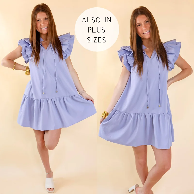 "Floral print dresses for women for a feminine look"Powerful Love Ruffle Cap Sleeve Dress with Keyhole and Tie Neckline in Periwinkle Blue "Floral print dresses for women for a feminine look"Powerful Love Ruffle Cap Sleeve Dress with Keyhole and Tie Neckline in Periwinkle Blue