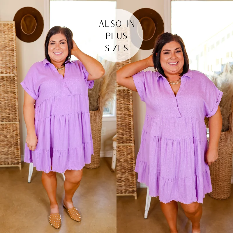 "Short dresses for women for a night out clubbing"Last Chance Size Small & XL | Taos Transitions Ruffle Tiered Collared Dress with Frayed Hem in Lavender Purple