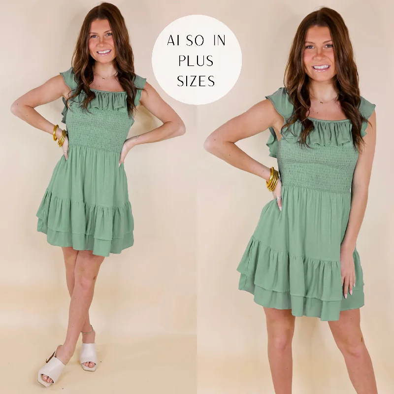 "Vintage - look women's dresses for a retro charm"Feeling Refined Ruffle Tiered Dress with Smocked Bodice in Sage Green "Vintage - look women's dresses for a retro charm"Feeling Refined Ruffle Tiered Dress with Smocked Bodice in Sage Green