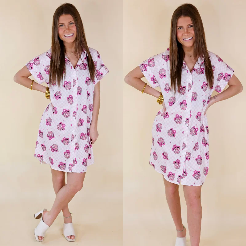 "Exclusive Discount: 30% Off All Women's Dresses for a Limited Period"The Cowgirl Way Short Sleeve Button Up Disco Ball Cowboy Hat Dress in Hot Pink "Exclusive Discount: 30% Off All Women's Dresses for a Limited Period"The Cowgirl Way Short Sleeve Button Up Disco Ball Cowboy Hat Dress in Hot Pink