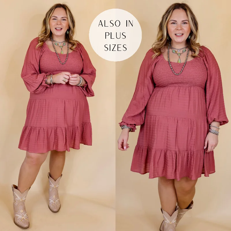 "Smart casual dresses for women for work - to - weekend transitions"Last Chance Size XL & 1XL | Day Cafe Smocked Bodice Long Sleeve Tiered Dress in Mauve "Smart casual dresses for women for work - to - weekend transitions"Last Chance Size XL & 1XL | Day Cafe Smocked Bodice Long Sleeve Tiered Dress in Mauve