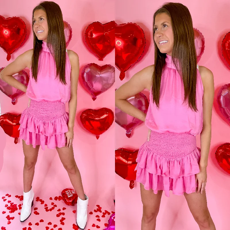 "Ruffled dresses for women for added femininity"Going For Glam Smocked Waist Romper with Ruffle Skirt in Pink "Ruffled dresses for women for added femininity"Going For Glam Smocked Waist Romper with Ruffle Skirt in Pink