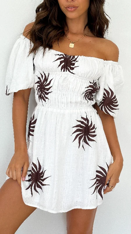 "Beach wedding dresses for women for a laid - back ceremony"Sofia Mini Dress - White/Choc Sun Print