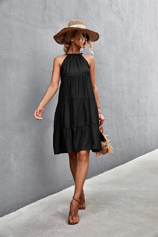 "Sustainable and eco - friendly women's dresses"Southern Nights Tiered Halter Dress - Black "Sustainable and eco - friendly women's dresses"Southern Nights Tiered Halter Dress - Black
