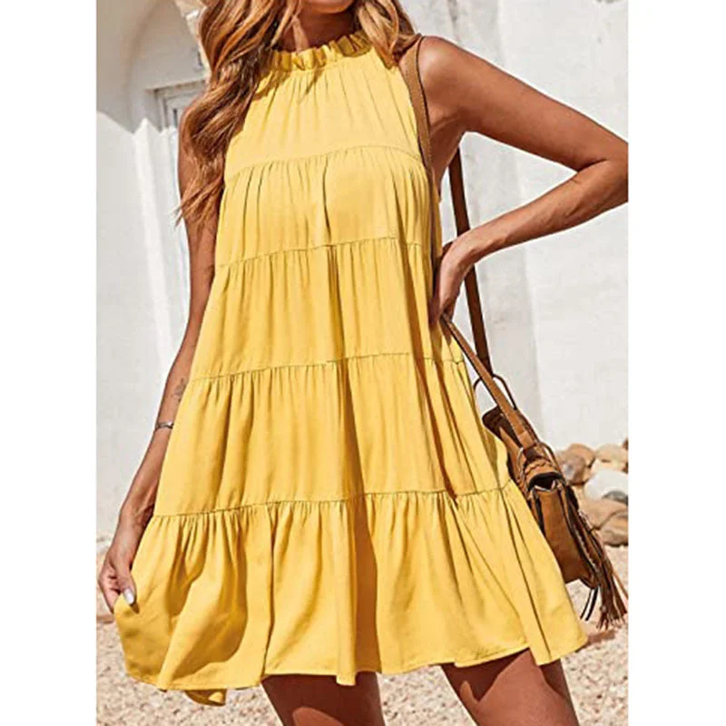 "Sleeveless dresses for women during hot summer days"Southern Nights Tiered Halter Dress - Lemon "Sleeveless dresses for women during hot summer days"Southern Nights Tiered Halter Dress - Lemon
