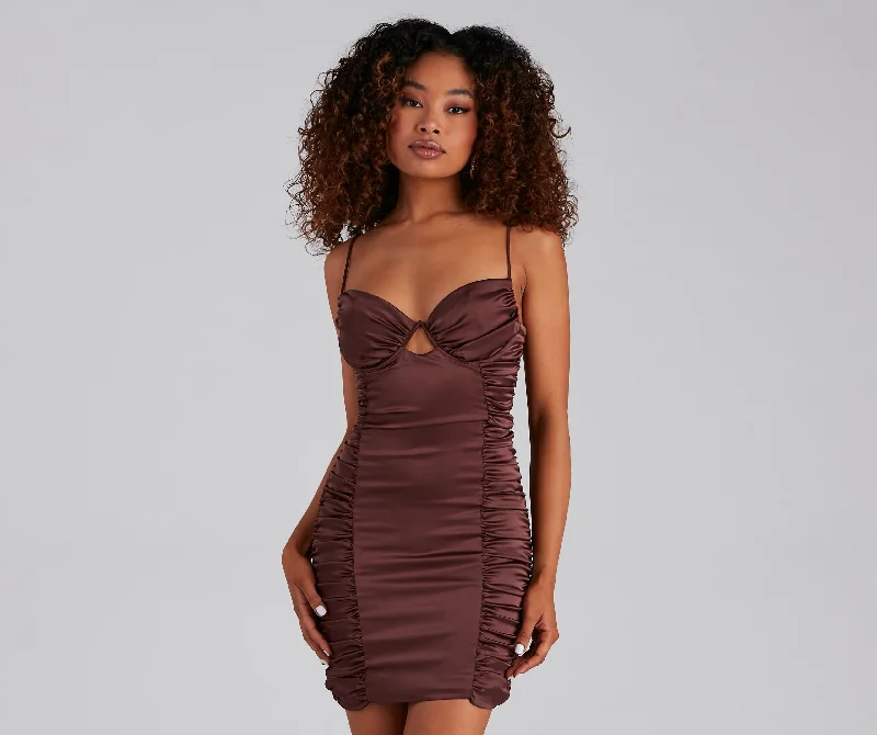 "Black dresses for women for a classic and timeless appearance"Sparks Fly Ruched Satin Mini Dress "Black dresses for women for a classic and timeless appearance"Sparks Fly Ruched Satin Mini Dress