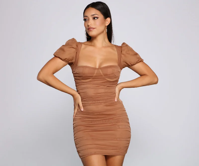 "Off - shoulder dresses for women to show off collarbones"Stylish Influence Ruched Mini Dress "Off - shoulder dresses for women to show off collarbones"Stylish Influence Ruched Mini Dress