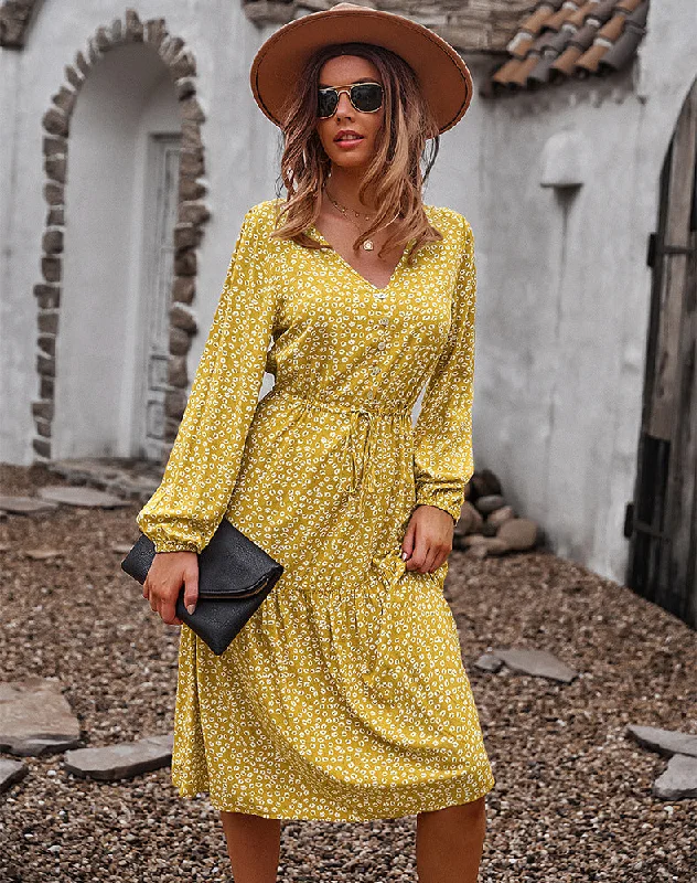 "Pleated dresses for women with a graceful movement"Sunshine On My Mind Floral Babydoll Dress - Mustard "Pleated dresses for women with a graceful movement"Sunshine On My Mind Floral Babydoll Dress - Mustard