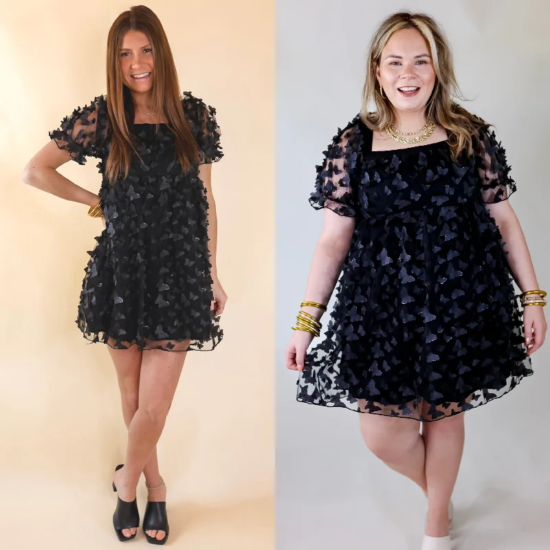 "Pleated dresses for women with a graceful movement"Sweetest Rush Butterfly Print Babydoll Dress in Black "Pleated dresses for women with a graceful movement"Sweetest Rush Butterfly Print Babydoll Dress in Black