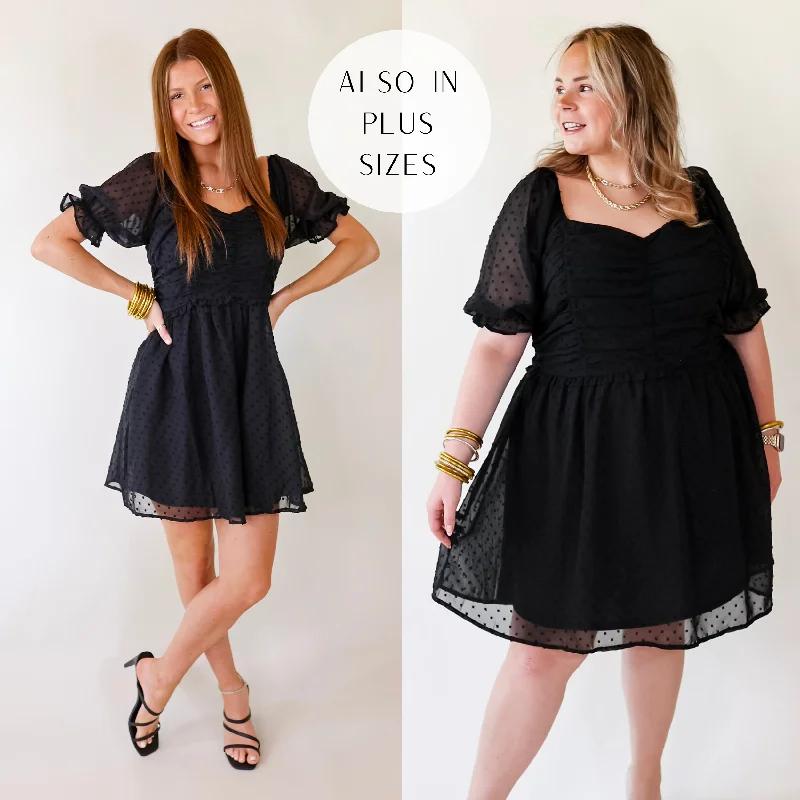 "Off - shoulder dresses for women to show off collarbones"Favorite Adventure Swiss Dot Dress with Short Balloon Sleeves in Black "Off - shoulder dresses for women to show off collarbones"Favorite Adventure Swiss Dot Dress with Short Balloon Sleeves in Black