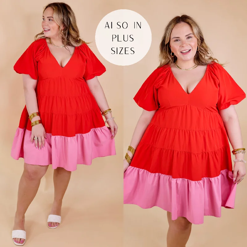 "Black tie dresses for women for formal galas"Trendy City Puff Sleeve Tiered Dress with Pink Hemline in Red "Black tie dresses for women for formal galas"Trendy City Puff Sleeve Tiered Dress with Pink Hemline in Red