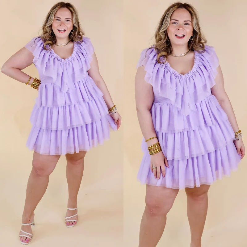 "Affordable plus size women's summer dresses"Dazzle The Room Tulle Tiered Dress in Lavender Purple