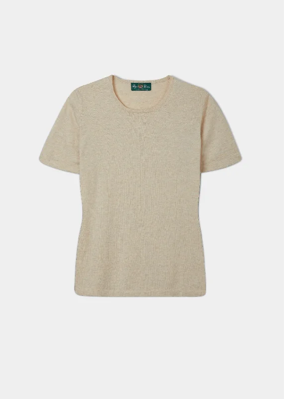 Mock neck women's T - shirt for a modern twistVictoria Ladies Cotton Cashmere T-Shirt In Sand Mock neck women's T - shirt for a modern twistVictoria Ladies Cotton Cashmere T-Shirt In Sand