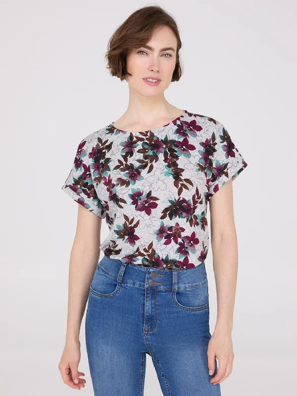 Women's cotton blend T - shirt with a soft feelFloral Print Cuffed Dolman Sleeve T-Shirt