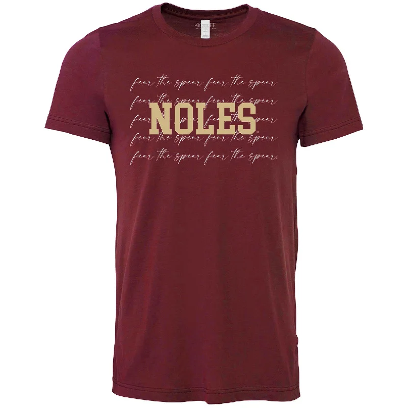 Women's T - shirt with a fringed hem and a tassel - trimmed pocketCapri Designs Women's Noles/Fear the Spear Design Short Sleeve T-shirt - Garnet Women's T - shirt with a fringed hem and a tassel - trimmed pocketCapri Designs Women's Noles/Fear the Spear Design Short Sleeve T-shirt - Garnet