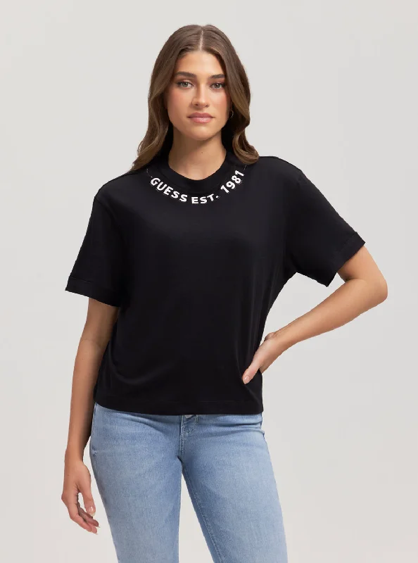Cropped women's T - shirt with a pom - pom trimEco Black Logo T-Shirt