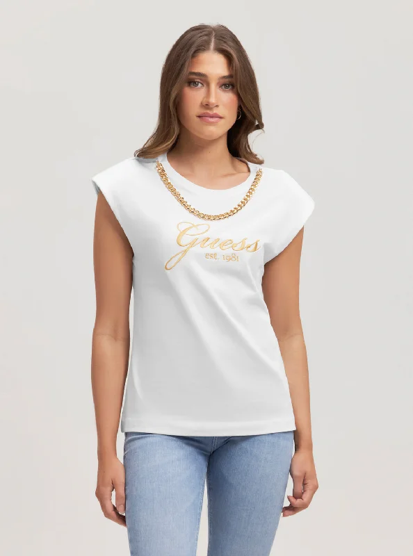 Women's T - shirt with a side slit for added styleEco White Crystal Logo T-Shirt