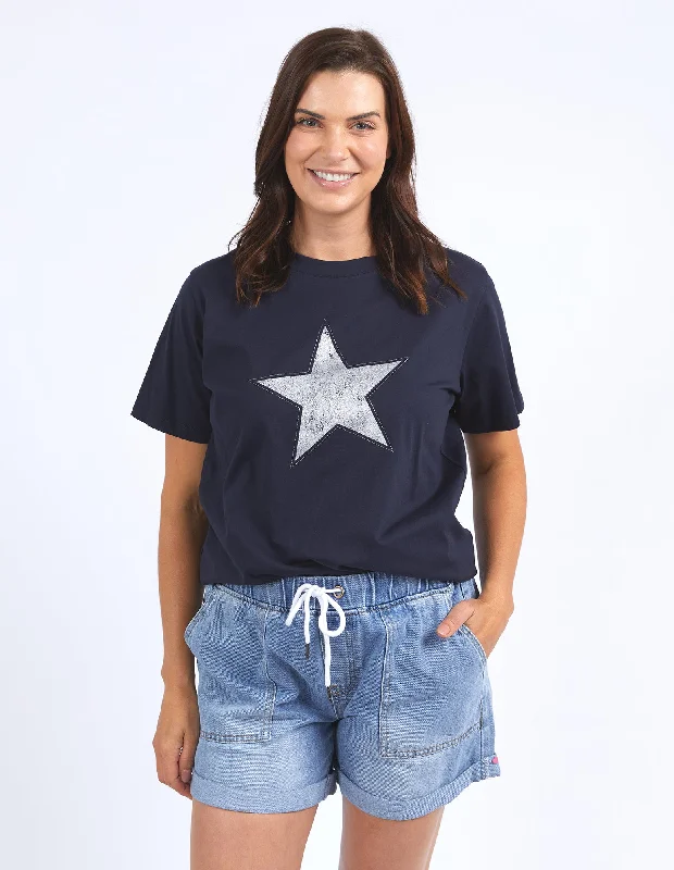 Women's T - shirt with a high - low hemElm Sparkle Star Tee Navy With Silver Foil Print Women's T - shirt with a high - low hemElm Sparkle Star Tee Navy With Silver Foil Print