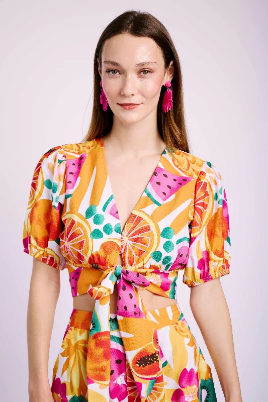 Sheer - sleeved women's T - shirt for an alluring lookFront Tie Crop Top in Fruit Salad Sheer - sleeved women's T - shirt for an alluring lookFront Tie Crop Top in Fruit Salad
